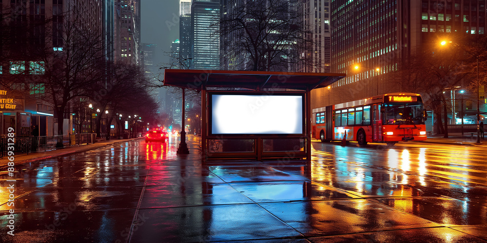 Poster empty billboard in bus stop at night with a bus passing by