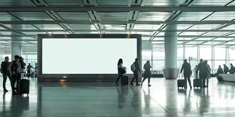 Passengers walking by blank billboard in airport terminal
