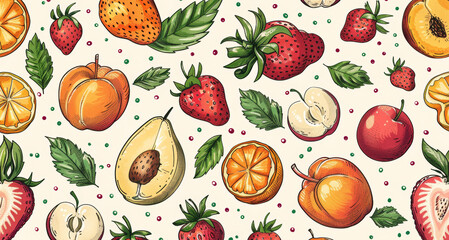 summer fruit doodle, an airy doodle of summer fruits such as strawberries, peaches, and nectarines, portraying the essence of a sunny day with a charming touch