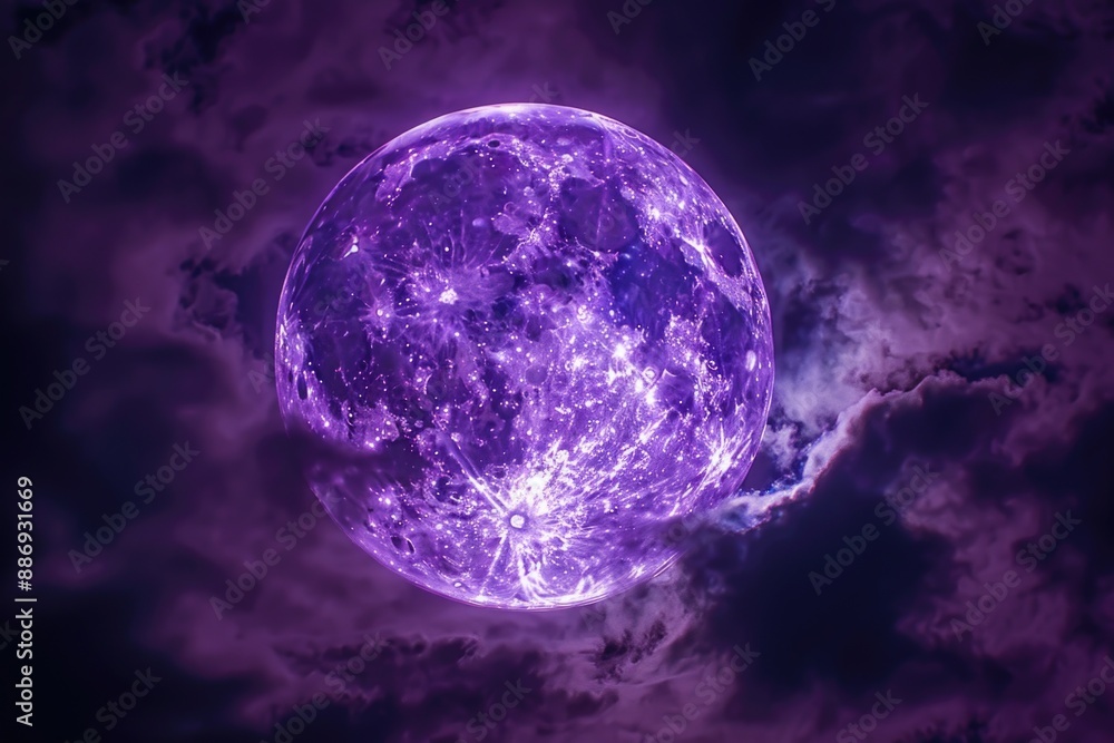 Poster A large purple ball floating in the middle of a cloudy sky, suitable for use as a background or decorative element