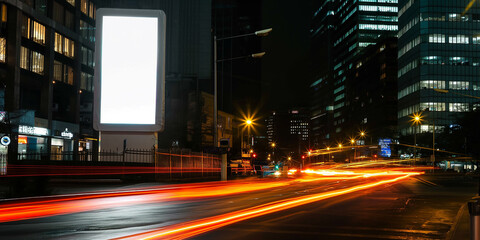 Fototapeta premium Blank billboard by night with light trails in a modern city