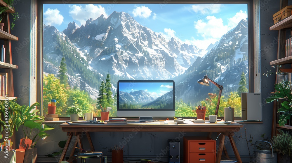 Poster a home office desk with a large window overlooking a mountain range, with a desktop computer display