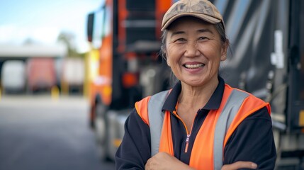 Friendly Southeast Asian Female Truck Driver Smiling, Exemplifying Occupational Joy and Diversity, Perfect for Inspirational and Workforce Representation