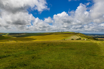 Looking over fields in the South Downs towards Truleigh Hill, on a sunny summer's day