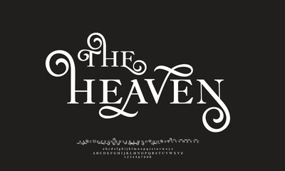 THE HEAVEN is Elegant Uppercase Letters and Small Numbers. Classic Letter Minimal Fashion Design. Modern serif font typography regular decorative vintage concept. vector illustration.Headline font