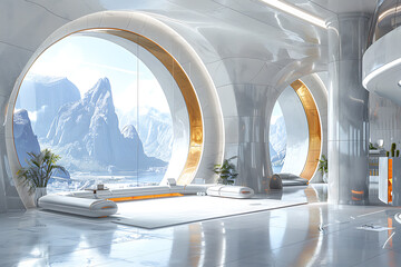 Fototapeta premium A freehand sketch of a bright, modern, futuristic office in a spacious, well-lit room, featuring sleek furniture, large windows, and advanced technology