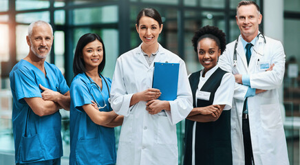 Smile, portrait and hospital doctors, people and diverse team for healthcare, services or medical...