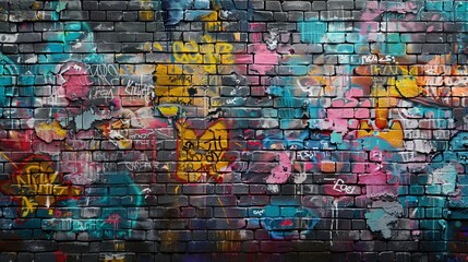 abstract urban art concept with graffiti tags and spray paint drips on a textured brick wall, creating an engaging background