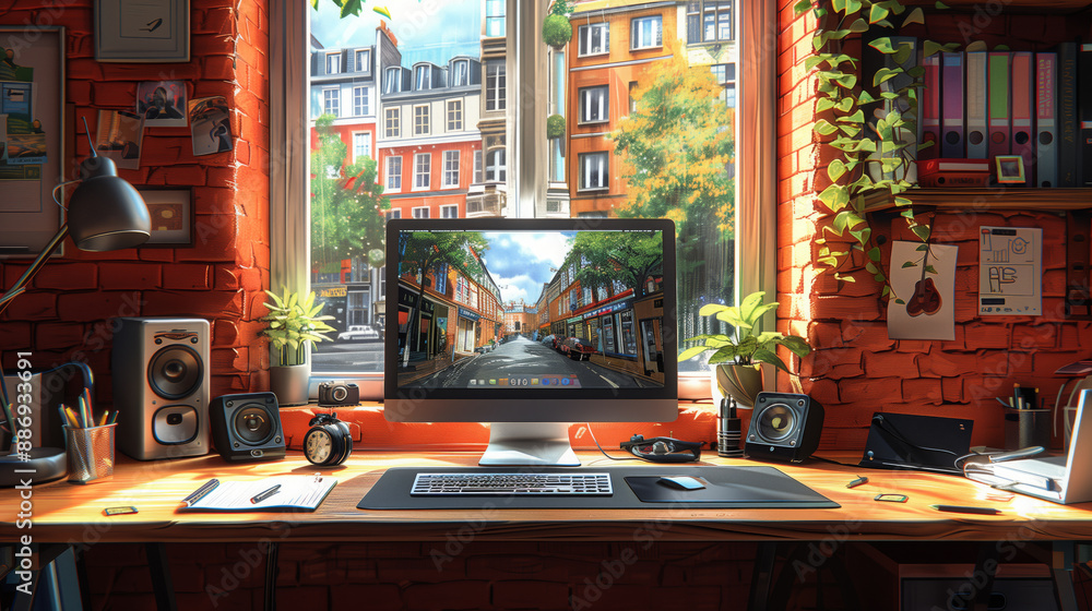 Poster a desk with a computer and various items sits in front of a large window overlooking a city street.