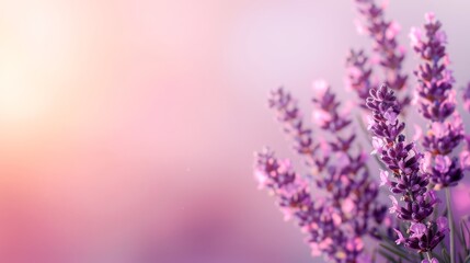 Fototapeta premium A tight shot of lavender blooms against a pink-purple backdrop, featuring a blurred sky