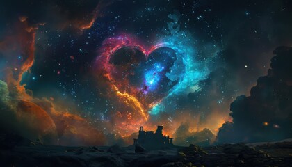 A heart-shaped nebula, glowing with vibrant colors and surrounded by dark space background. 