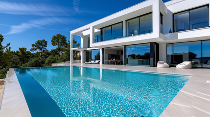 Fototapeta premium Modern villa with expansive windows and a pristine pool area.