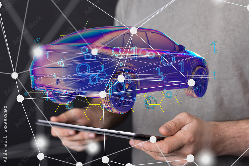 Poster Autonomous car with HUD graphic of Navigation system driving