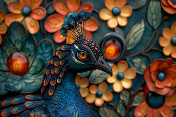  A hand-drawn style illustration featuring intricate peacock motifs within a mandala design