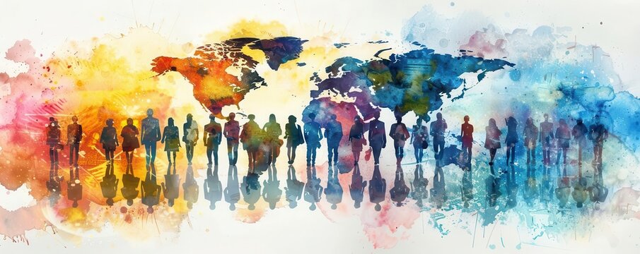 Watercolor world map with silhouettes of people representing global unity.