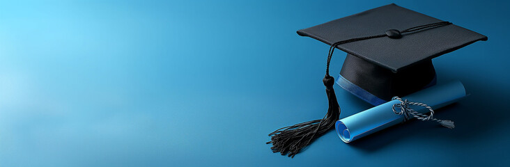Education concept banner with a black graduation cap and white diploma on a blue background, perfect for academic themes."