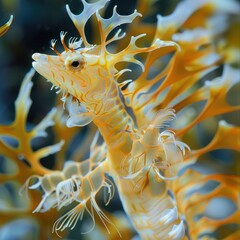 Close-Up Macro Shot of a Leafy Sea Dragon for Marine Photography, Ocean Conservation, Aquatic Life Documentation, Biology Studies, and Underwater Exploration. Background Wallpaper.
