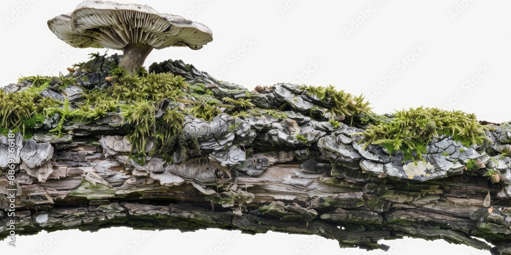 Poster A close-up view of a mushroom growing on a tree branch, with detailed texture and color