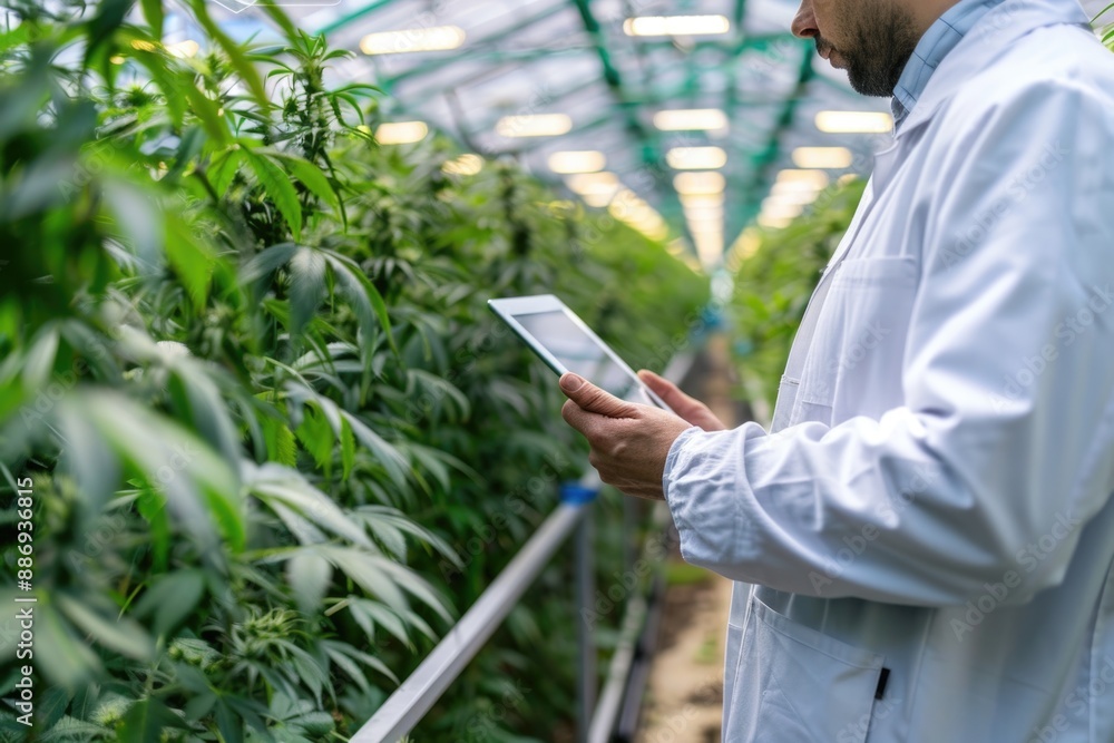 Poster a scientist in a lab coat holds a tablet while standing in a greenhouse, surrounded by plants and gr