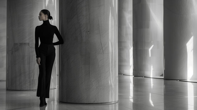 A minimalist fashion photoshoot with a monochromatic theme, featuring a stylish woman in a black outfit standing in a sleek, modern architectural setting.