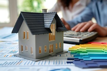 Close-up of couple calculating tax with house model showing energy efficiency rate on desk