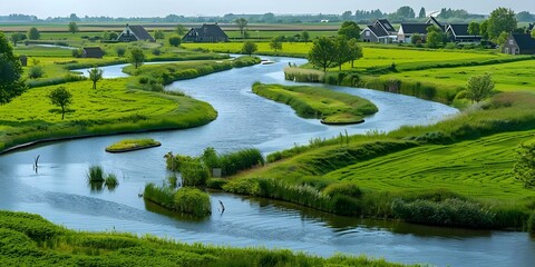 Obraz premium Dutch countryside with green meadows small canals and water management systems. Concept Dutch Countryside, Green Meadows, Small Canals, Water Management Systems