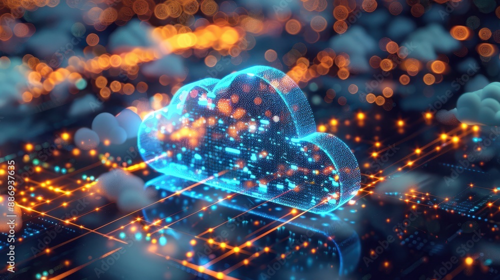 Poster fortress of information: secure 3d cloud server protects glowing data streams, generative ai
