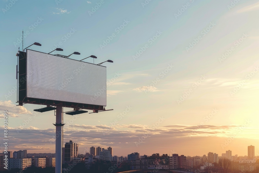 Poster a lonely billboard stands out against the backdrop of a modern city skyline, perfect for use in urba