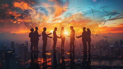 Global business expanding horizons with international CRM development, showcasing interconnected markets, diverse teams, and innovative strategies for growth and customer relationship management.