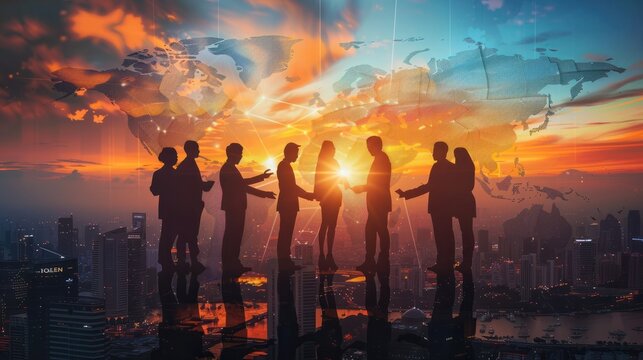 Global business expanding horizons with international CRM development, showcasing interconnected markets, diverse teams, and innovative strategies for growth and customer relationship management.