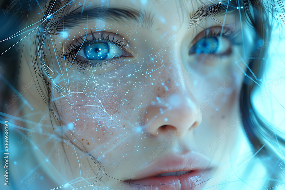 Aufkleber the girl's face is shown against the backdrop of a wireframe plexus, creating a striking visual cont