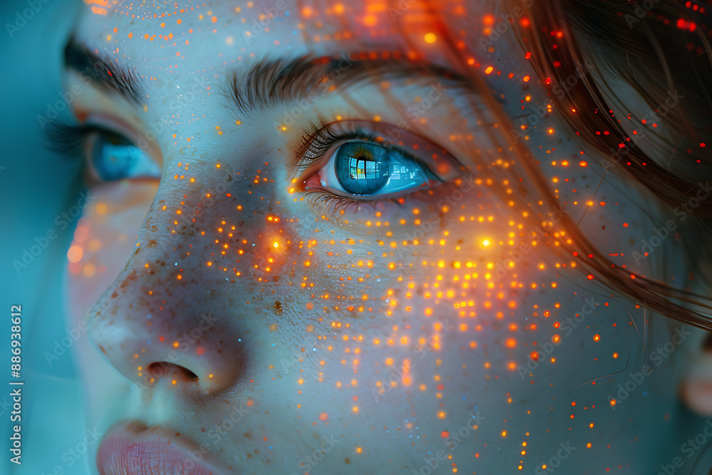Aufkleber the girl's face is shown against the backdrop of a wireframe plexus, creating a striking visual cont