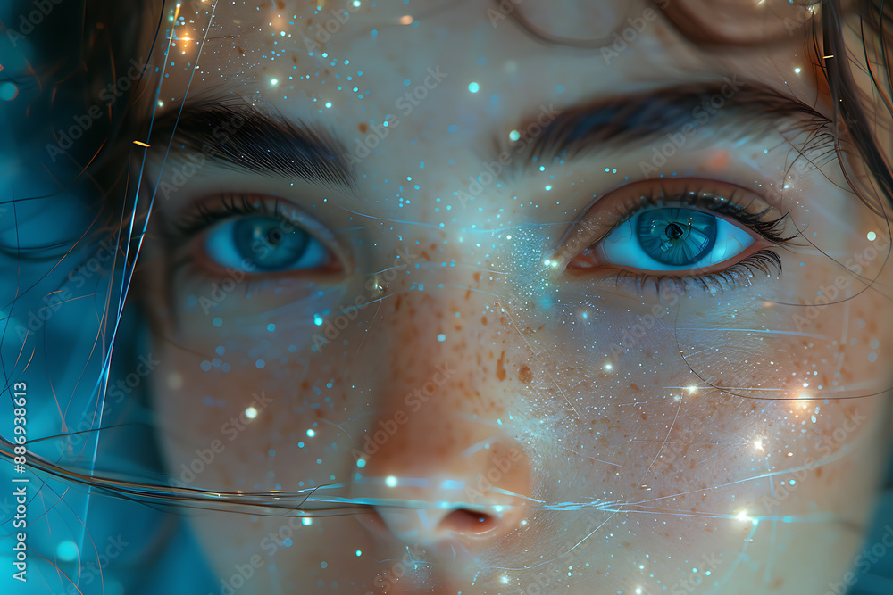 Aufkleber the girl's face is shown against the backdrop of a wireframe plexus, creating a striking visual cont