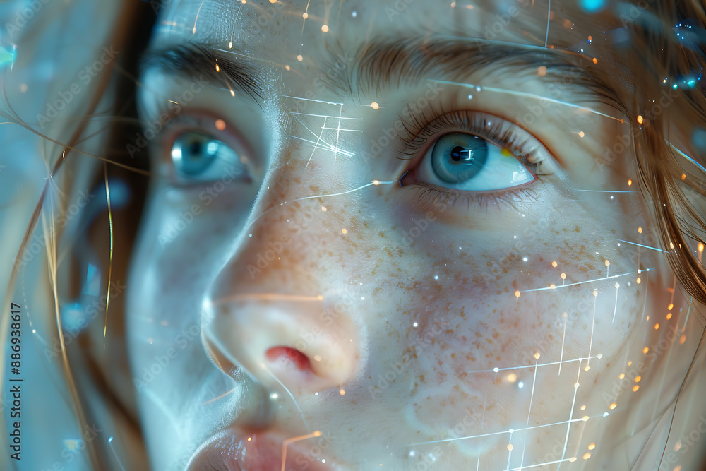 Aufkleber the girl's face is shown against the backdrop of a wireframe plexus, creating a striking visual cont
