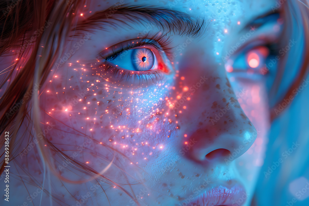 Aufkleber the girl's face is shown against the backdrop of a wireframe plexus, creating a striking visual cont