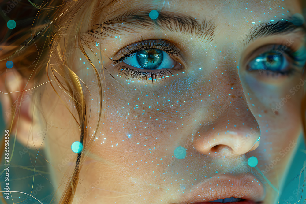 Aufkleber the girl's face is shown against the backdrop of a wireframe plexus, creating a striking visual cont
