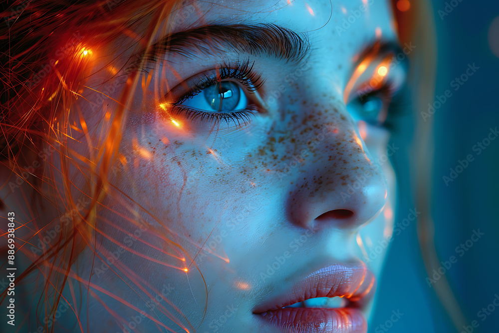 Aufkleber the girl's face is shown against the backdrop of a wireframe plexus, creating a striking visual cont