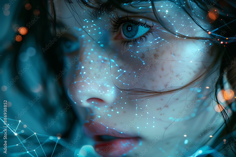 Aufkleber the girl's face is shown against the backdrop of a wireframe plexus, creating a striking visual cont