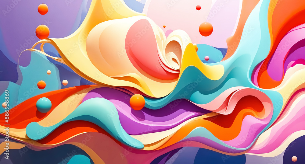 Poster abstract colorful wavy shapes with floating spheres