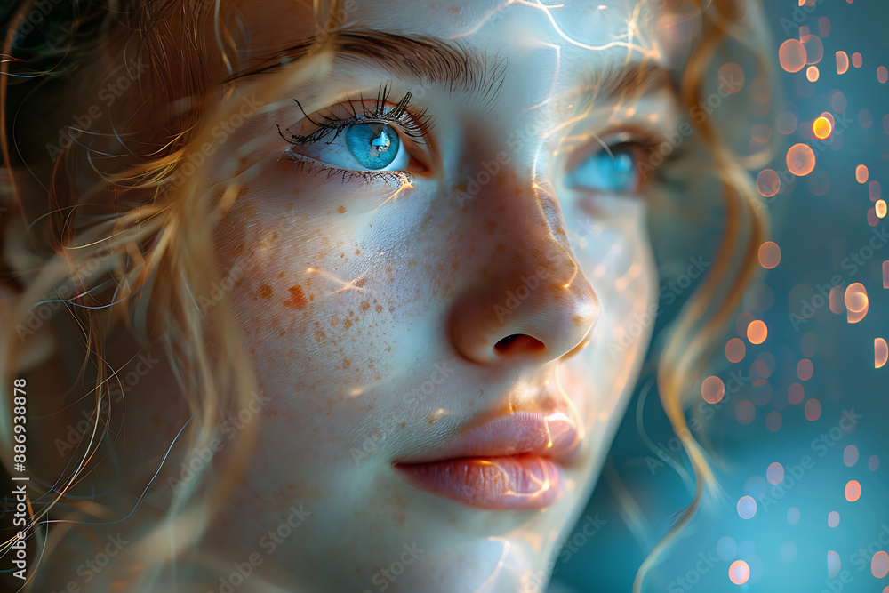 Aufkleber the girl's face is shown against the backdrop of a wireframe plexus, creating a striking visual cont