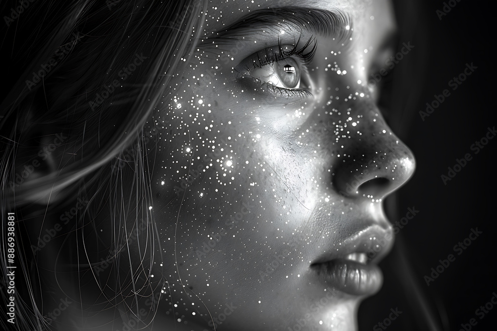 Aufkleber the girl's face is shown against the backdrop of a wireframe plexus, creating a striking visual cont