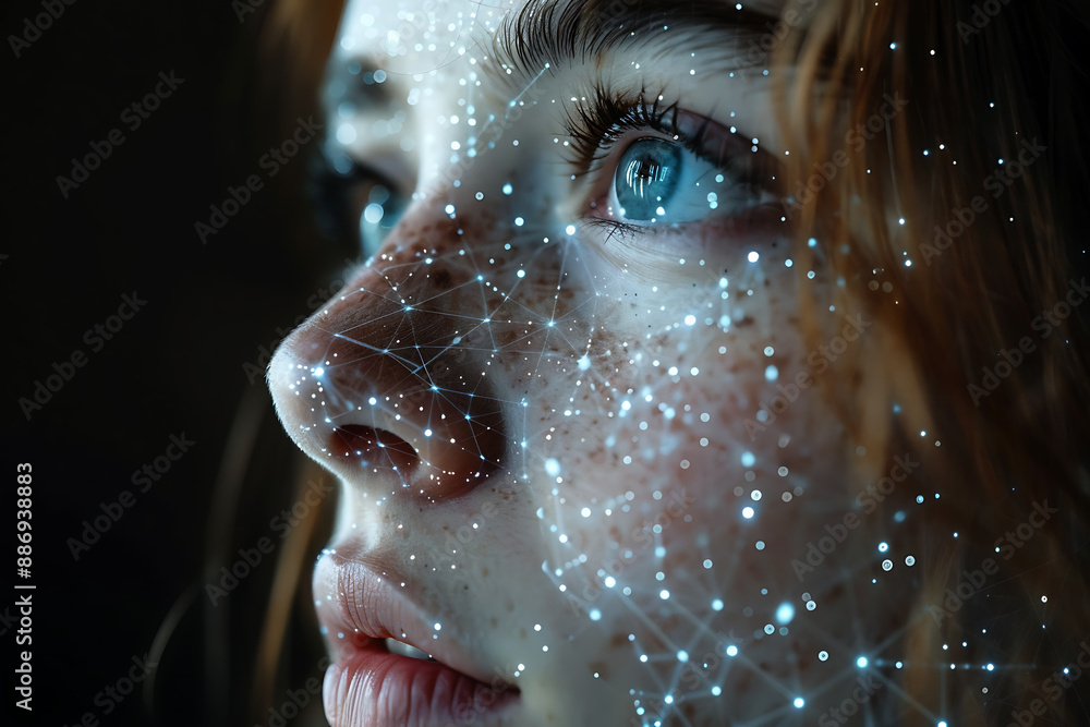 Aufkleber the girl's face is shown against the backdrop of a wireframe plexus, creating a striking visual cont