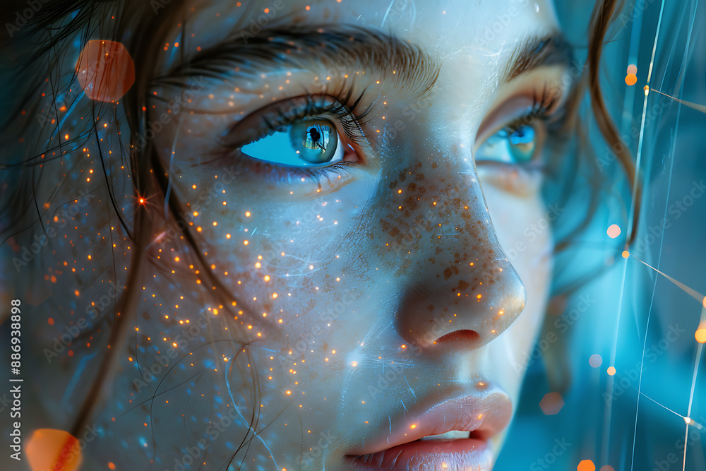 Aufkleber the girl's face is shown against the backdrop of a wireframe plexus, creating a striking visual cont