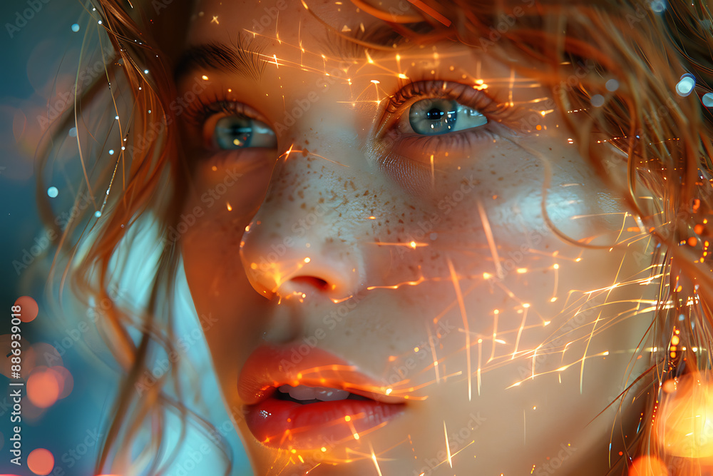 Aufkleber the girl's face is shown against the backdrop of a wireframe plexus, creating a striking visual cont
