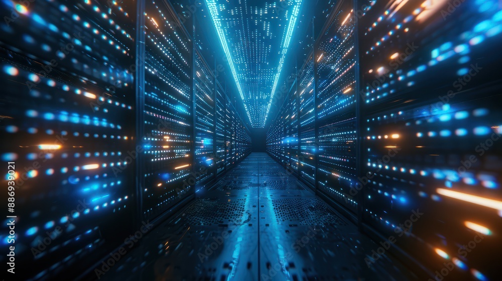 Poster lightspeed transfer: glowing data zooms across an efficient 3d cloud server, generative ai