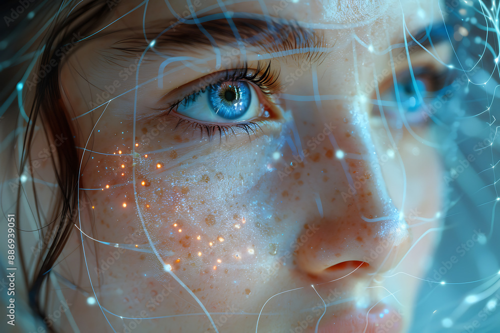 Aufkleber the girl's face is shown against the backdrop of a wireframe plexus, creating a striking visual cont