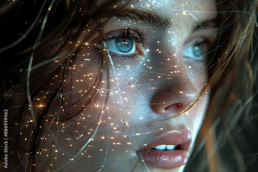 Aufkleber the girl's face is shown against the backdrop of a wireframe plexus, creating a striking visual cont