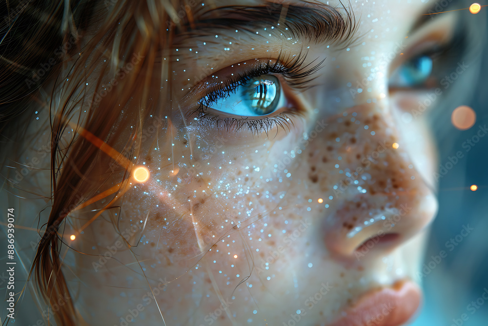 Aufkleber the girl's face is shown against the backdrop of a wireframe plexus, creating a striking visual cont