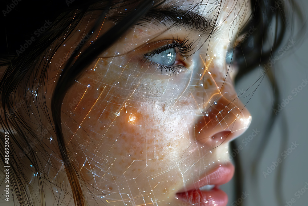 Aufkleber the girl's face is shown against the backdrop of a wireframe plexus, creating a striking visual cont
