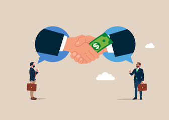 Corruption with shaking hands and transmitting banknote. Stop corruption. Crime and deceit. Business deal, agreement, contract. Flat vector illustration